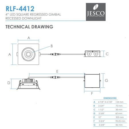 Jesco Downlight LED 4 Square Regressed Gimbal Recessed 12W 5CCT 90CRI BK RLF-4412-SW5-BK